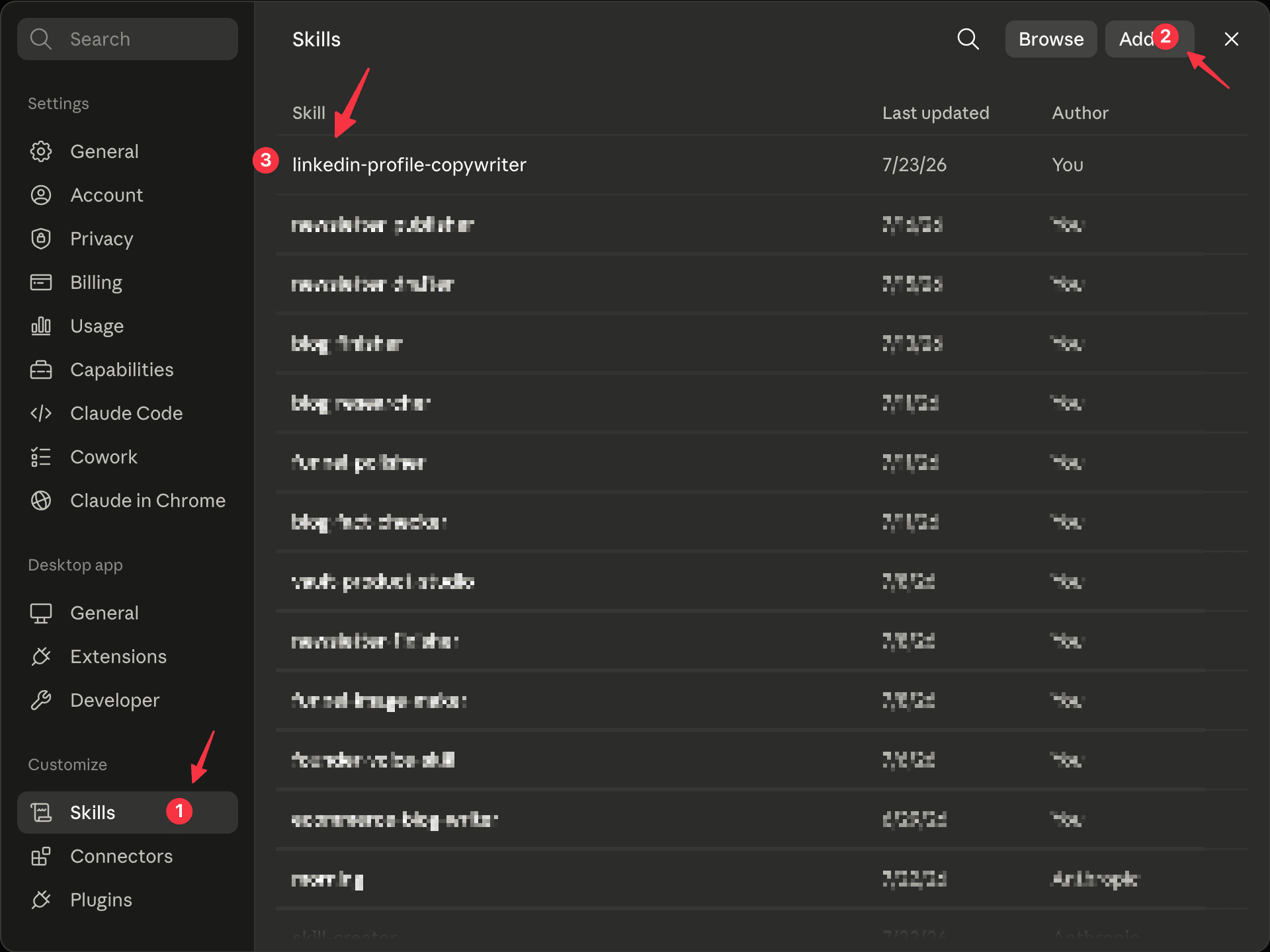 Claude settings interface showing Skills section with list of custom skills including linkedin-profile-copywriter, with columns for skill name, last updated date, and author