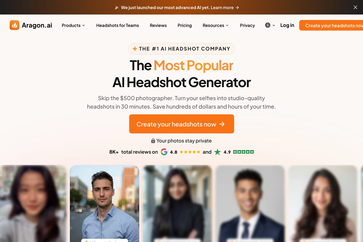 Aragon AI homepage — AI headshot generator