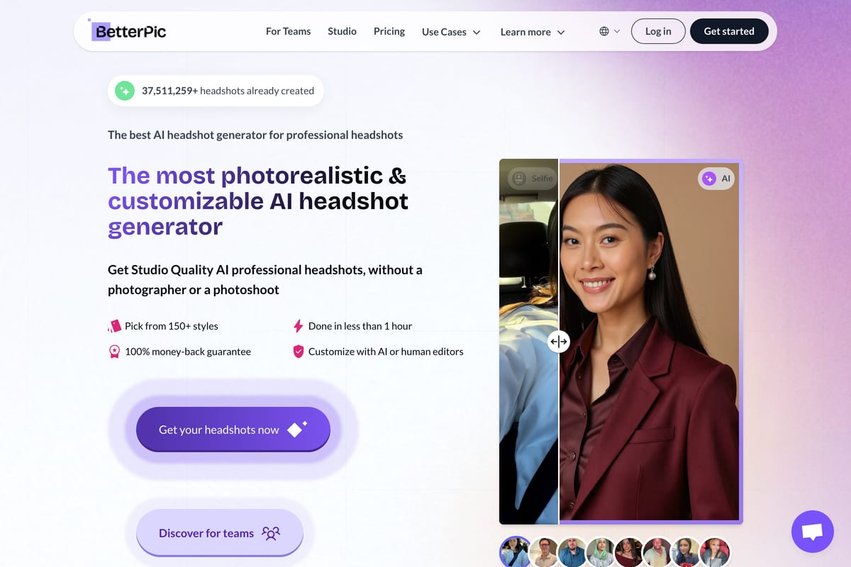 BetterPic AI headshot generator homepage