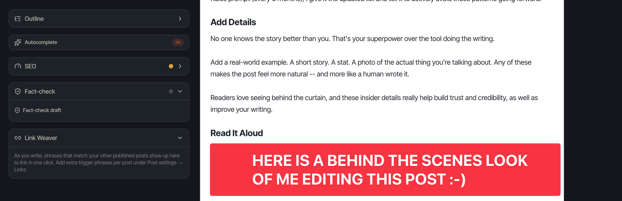 Writing interface showing Outline, Autocomplete, SEO, Fact-check, and Link Weaver options on left panel, with blog post content on right including "Add Details" and "Read It Aloud" sections