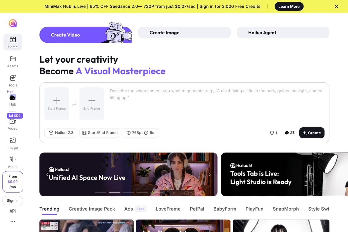 Hailuo AI video generator (MiniMax) homepage