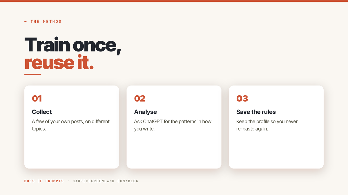Train once, reuse it: collect your posts, analyse the patterns, then save the rules as a reusable voice profile