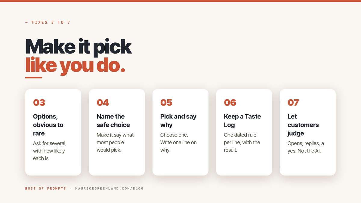 How to make ChatGPT less generic: spread, name the safe one, pick and say why, keep a Taste Log, let customers judge