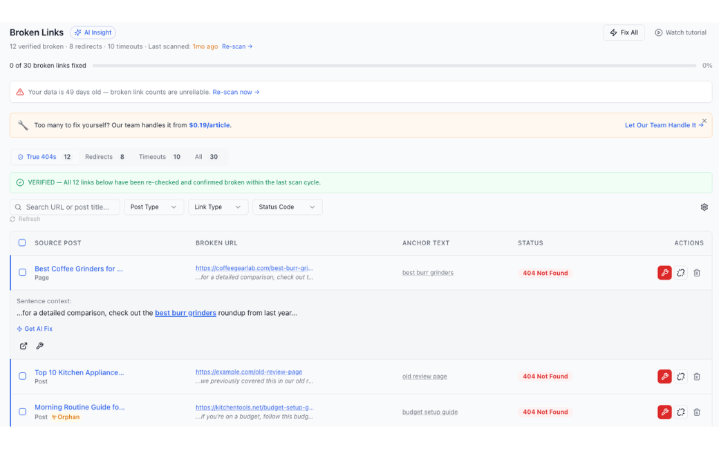 Link Whisper broken link detection with one-click fix actions