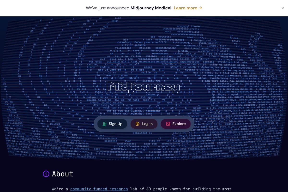 Midjourney AI image generator homepage