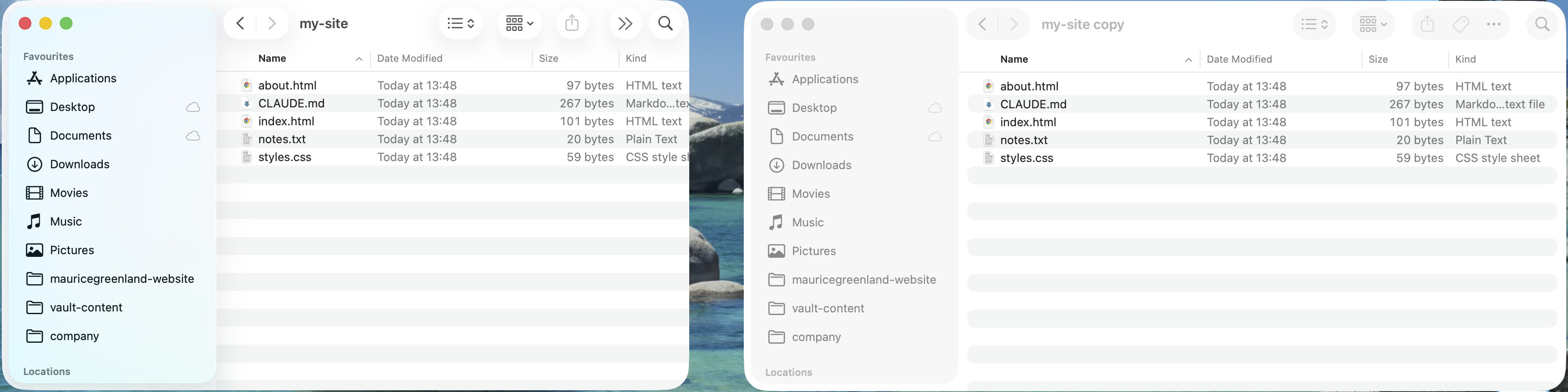 The project folder in Finder beside the duplicate made with Cmd+D