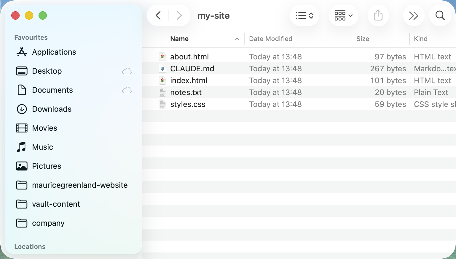 A project folder in Finder with CLAUDE.md at the top level, beside the project's own files
