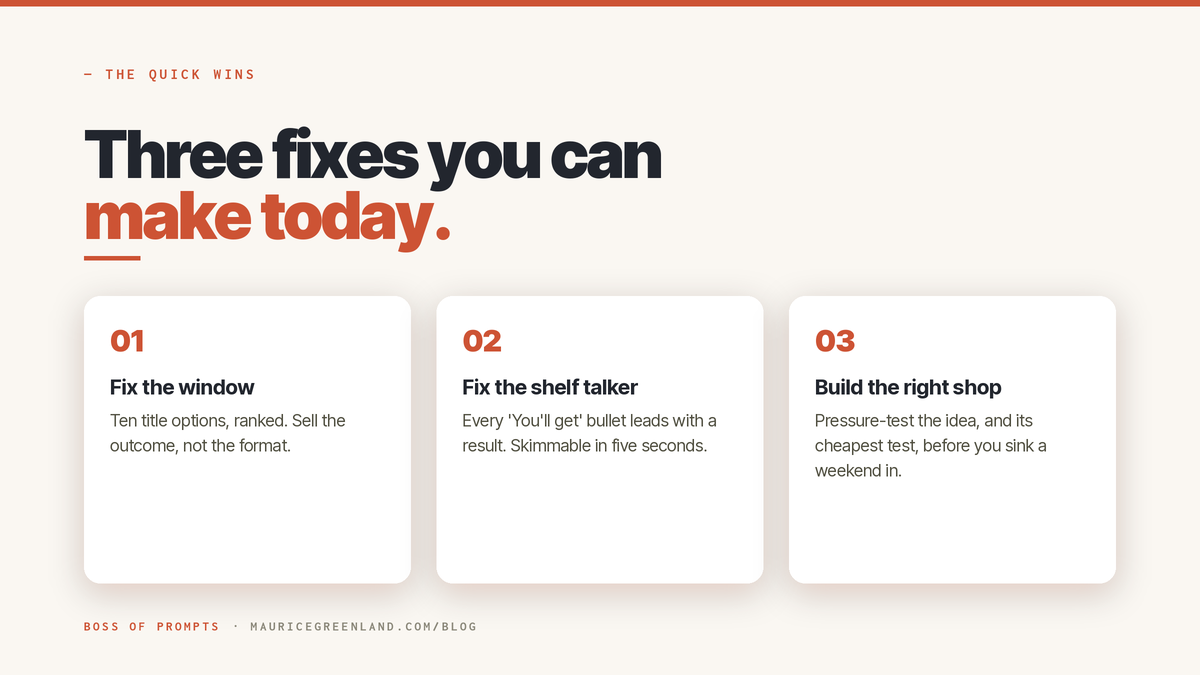 Three Gumroad fixes you can make today: the title, the "You'll get" bullets, and validating the idea before you build.